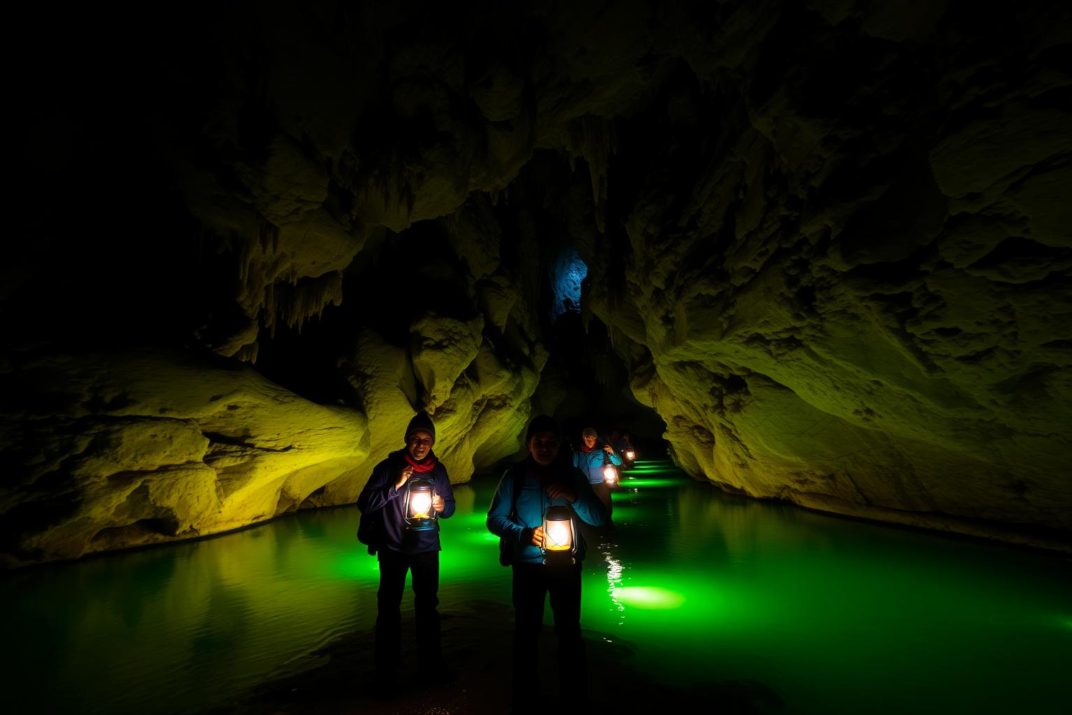 Adventurers exploring a glow worm cave in New Zealand