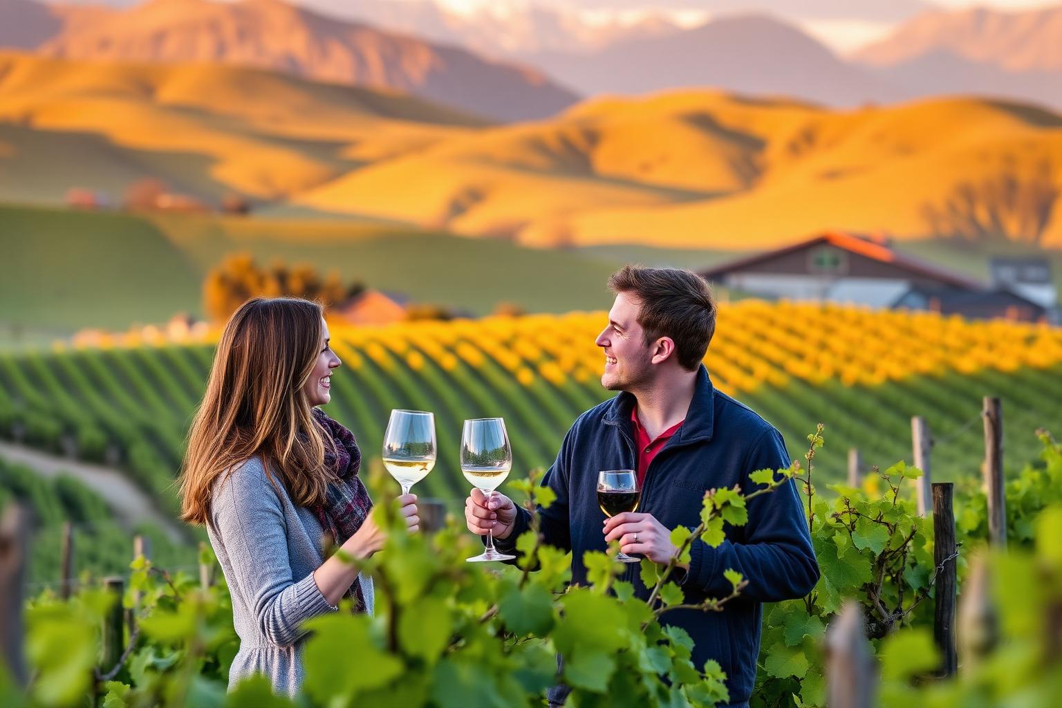 Couple toasting at a New Zealand vineyard at golden hour
